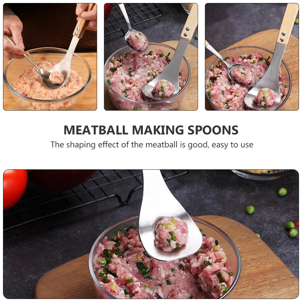 2 Pcs Stainless Steel Vegetable Ball Spoons Meatball Molds with Wooden Handle