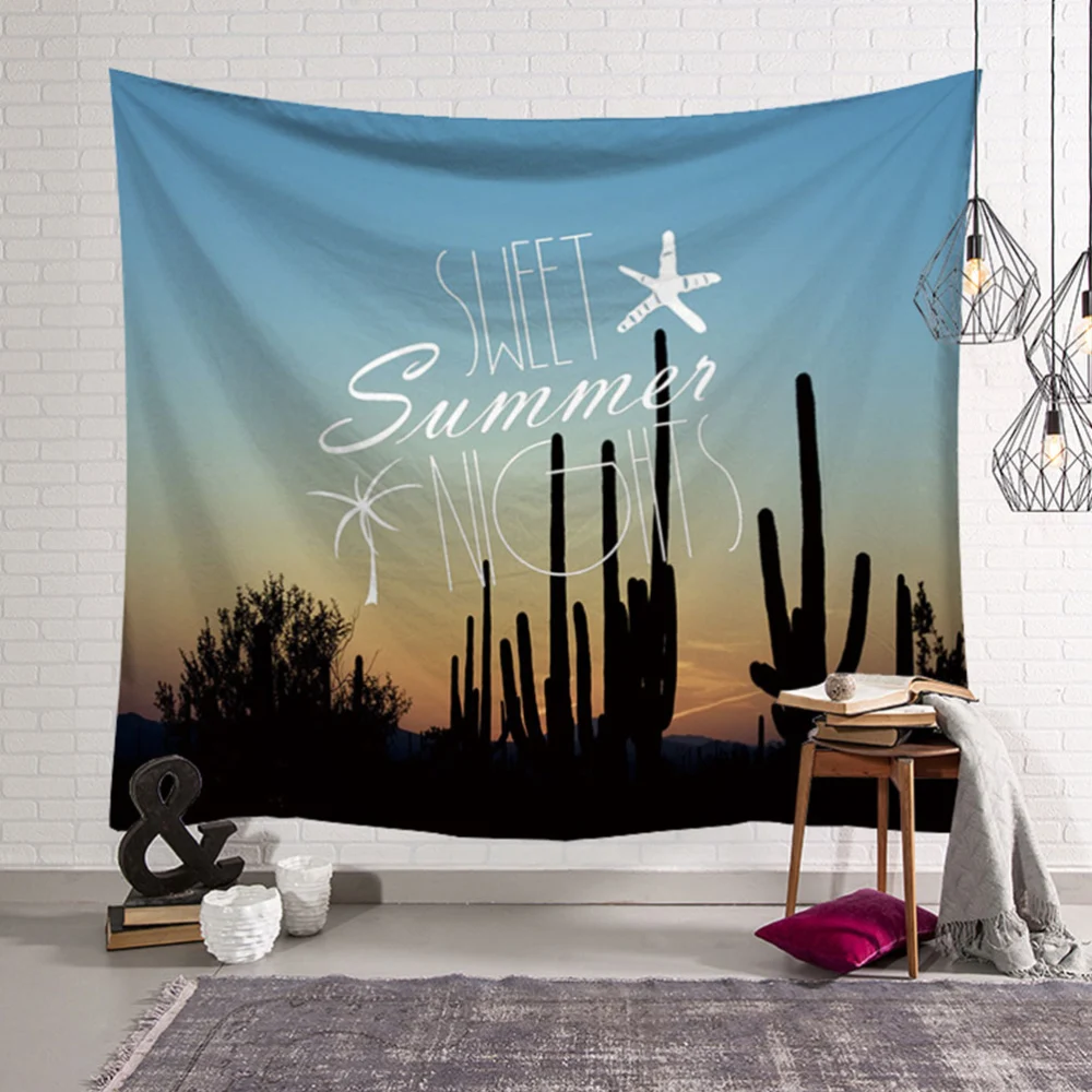 1Pc 200x150cm Bedroom Hanging Tapestry Fashion Cacti Printing Background Cloth Wall Carpet Beach Towel Bath Shower Towel (Blue)