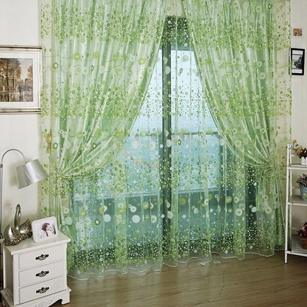 Floral Tulle Window Sheer Rod Pocket Voile Curtains for Bedroom Living Room 100x200cm (Green)