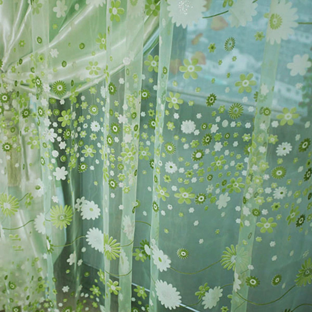 Floral Tulle Window Sheer Rod Pocket Voile Curtains for Bedroom Living Room 100x200cm (Green)
