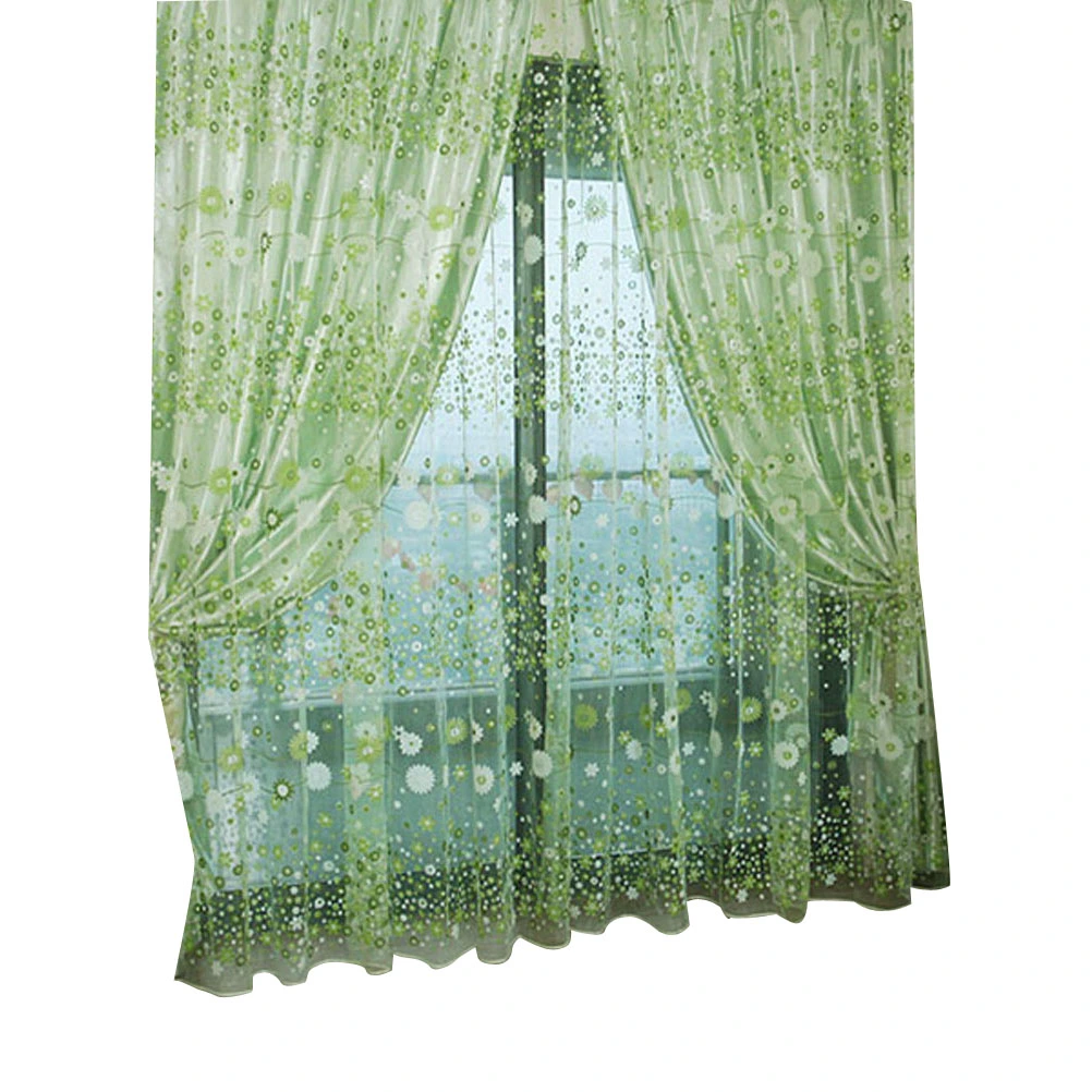 Floral Tulle Window Sheer Rod Pocket Voile Curtains for Bedroom Living Room 100x200cm (Green)