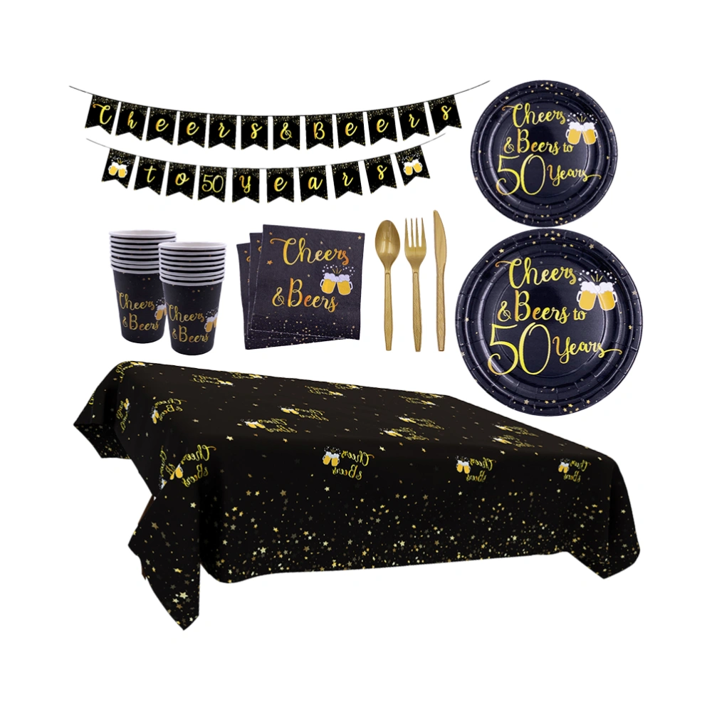 1 Set of 115PCS Paper Plate Paper Cups Kit Birthday Party Paper Plate Paper Cups Set All Year Old Birthday Paper Plate Cups Kit Black Gold Disposable Tableware Set Festival Birthday Paper Plate Cups Set for 16PCS People Use 50 Years Style