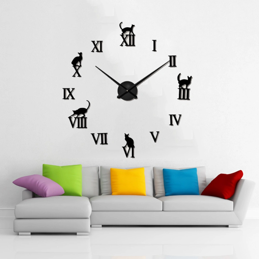 Big DIY Cat Wall Clock Modern Design Animal Large Clocks Personality Acrylic Mirror Wall Clock Home Decor(Black)