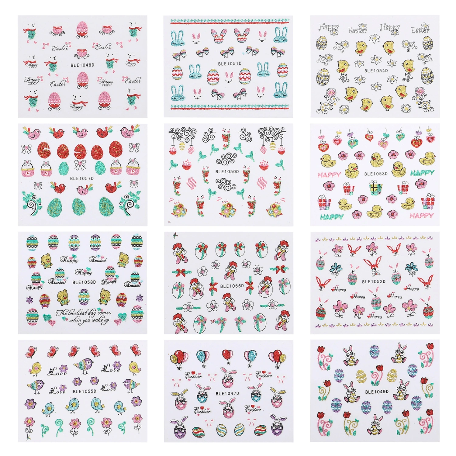 12pcs Nail Art Stickers 2D Easter Pattern Self-adhesive Nail Decals for Kid Girl
