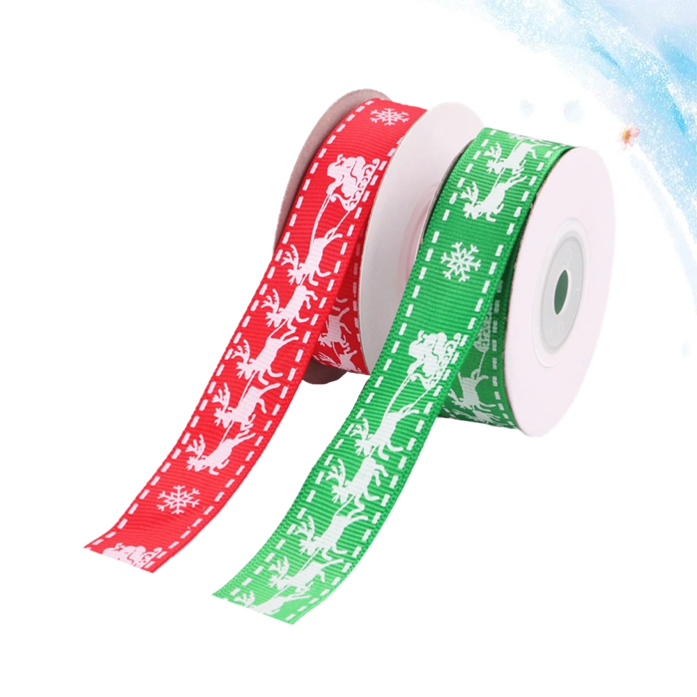 2 Rolls Christmas Double-sided Threaded Belt Elk Patterned Ribbon Strip Satin Ribbon DIY Gift Wrapping Belt (Green+Red)