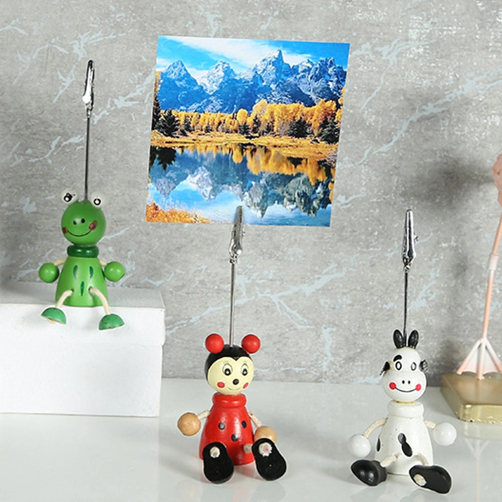 9pcs Cartoon Table Cards Holder Wooden Memo Cards Photo Holders Photo Clips
