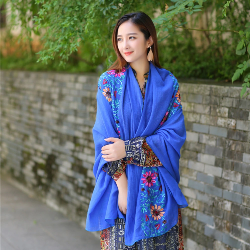 Flowers Embroided Scarf Flower Embroidery Cotton Linen Shawl Scarves for Women Girl Dressing Decoration (Royal Blue)