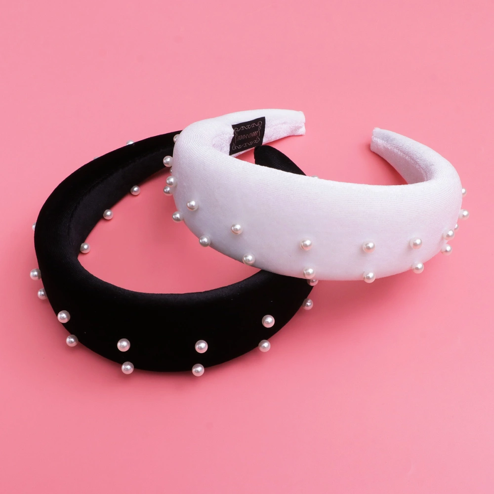 2 pcs Pearl Knotted Thickening Wrapped Sponge Flannelette Hair Head Band for Women (Black and White)