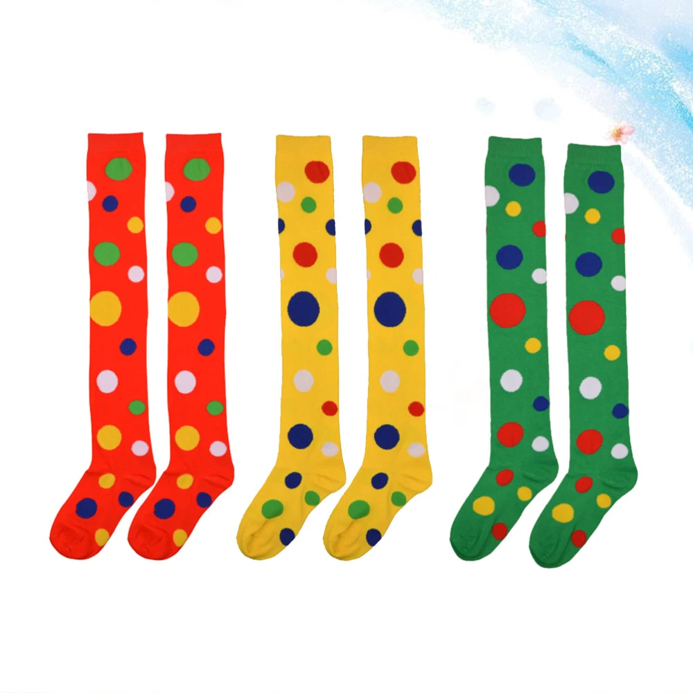 3 Pair Clown Cosplay Stockings Dot Pattern Over The Knee High Socks Long Socks Party Dress Up Performance Dance Socks (Red + Yellow + Green)