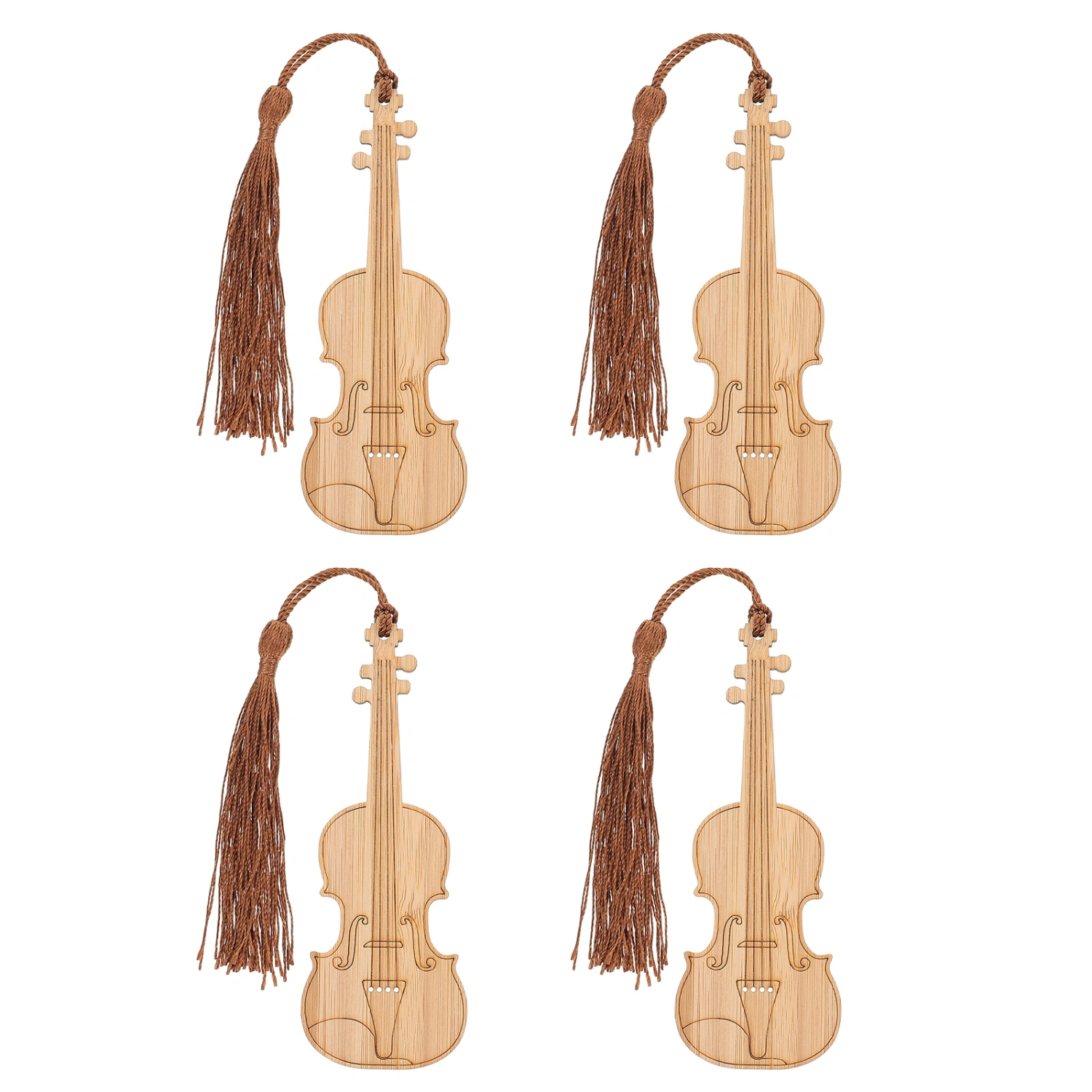 4Pcs Violin Shape Bookmarks Decorative Bamboo Bookmarks Tassel Design Book Page Markers