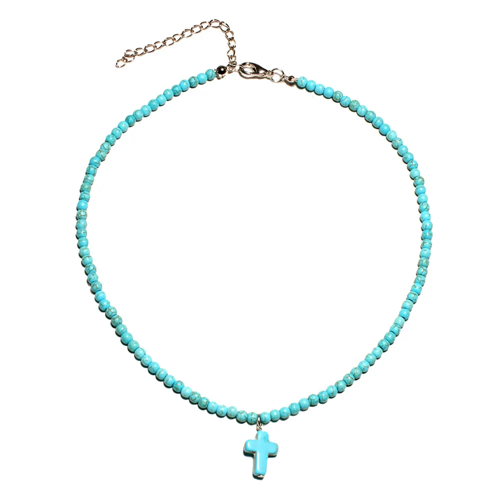 Fashion Christian Cross Pendant Necklace Turquoise Clavicle Necklace Choker for Women Girls