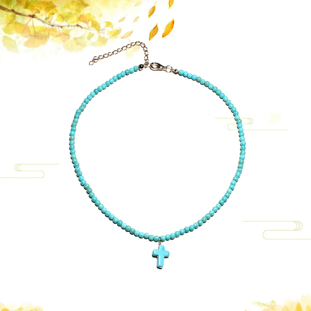 Fashion Christian Cross Pendant Necklace Turquoise Clavicle Necklace Choker for Women Girls
