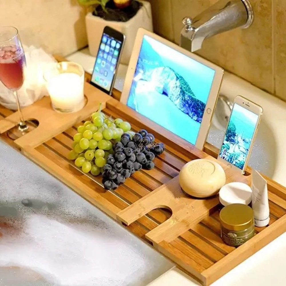 Multifunction Bathtub Serving Tray Bath Bridge Bamboo Storage Rack Shelf Tablet Holder for Cellphone Wine Glass