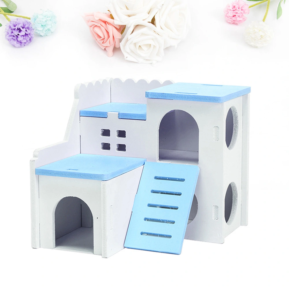 Wooden Hamster House Double Layer Sleeping Playing Cottage Toy Bite House Toy Pet Supplies (Blue)