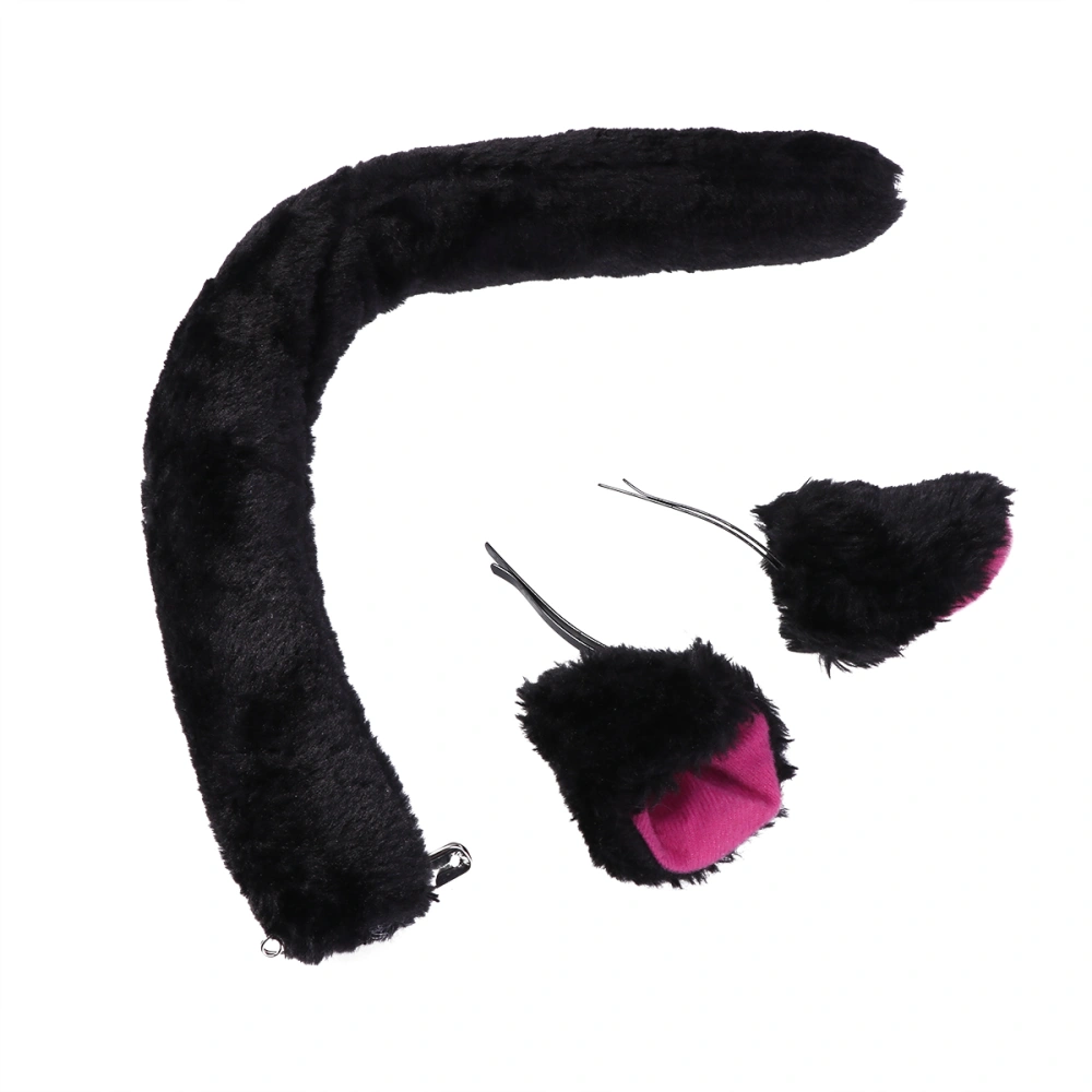 Long Plush Cat Tail with 2 Cat Ear Clips Maid Cosplay Costume Party Accessory (Black)