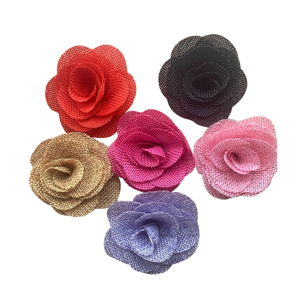 6pcs Natural Burlap Flowers Rustic Linen Flowers for DIY Craft Party Decoration Hair Clip Brooch Making (Purple, Black, Red, Coffee, Pink, Rosy)