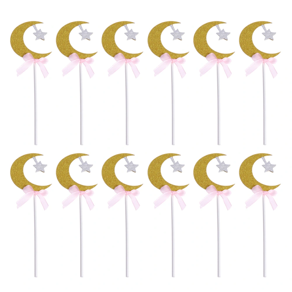 12PCS Moon Star Cake Toppers with Bowknot Glitter Cupcake Picks Cupcake Decor Party Supplies for Party Birthday