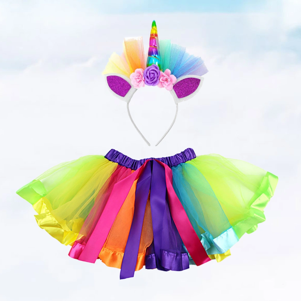 1 Set Skirt Suit Bubble Skirt Rainbow Bubble Skirt  Unicorn Hair Band for Party Performance Decoration (Size L Suitable for 6-10 Years Old)