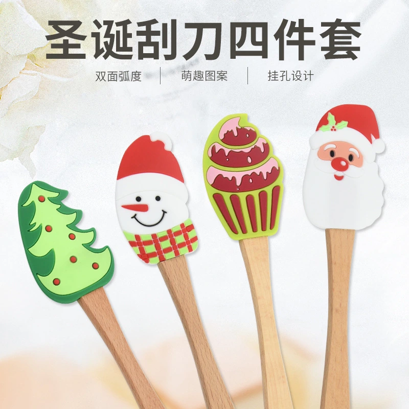 4pcs Silicone Spatula With Wood Handle Portable Cake Spatula Christmas Themed Cream Scraper