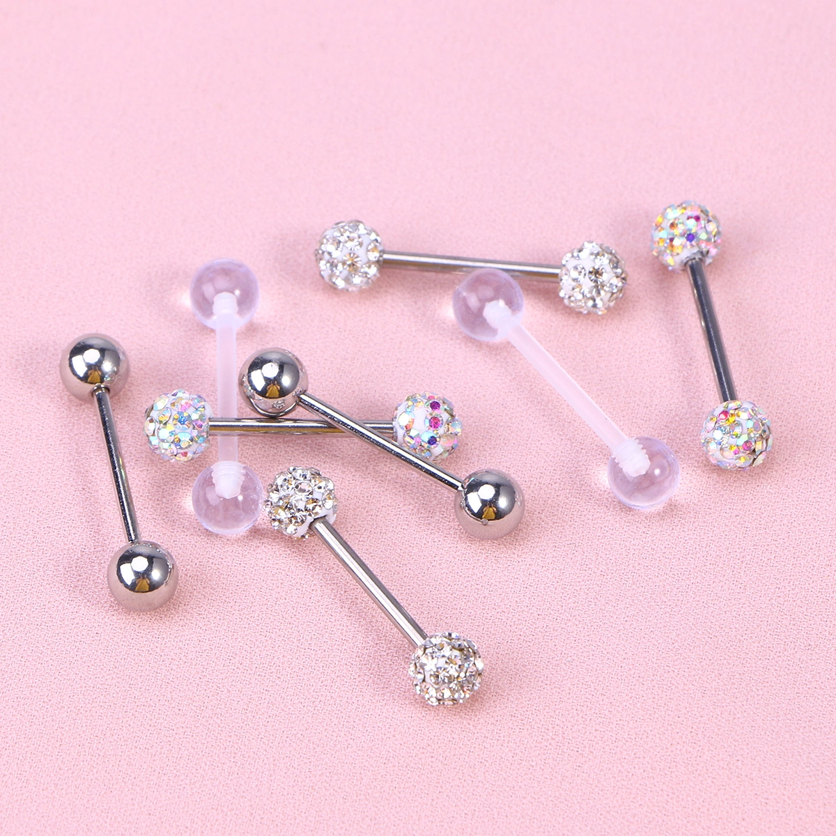 4 Pairs 16MM Human Body Piercing Jewelry Tongue Rings Stainless Steel Barbell Rings Cubic Zirconia Rings Body Piercing Jewelry (Silver)