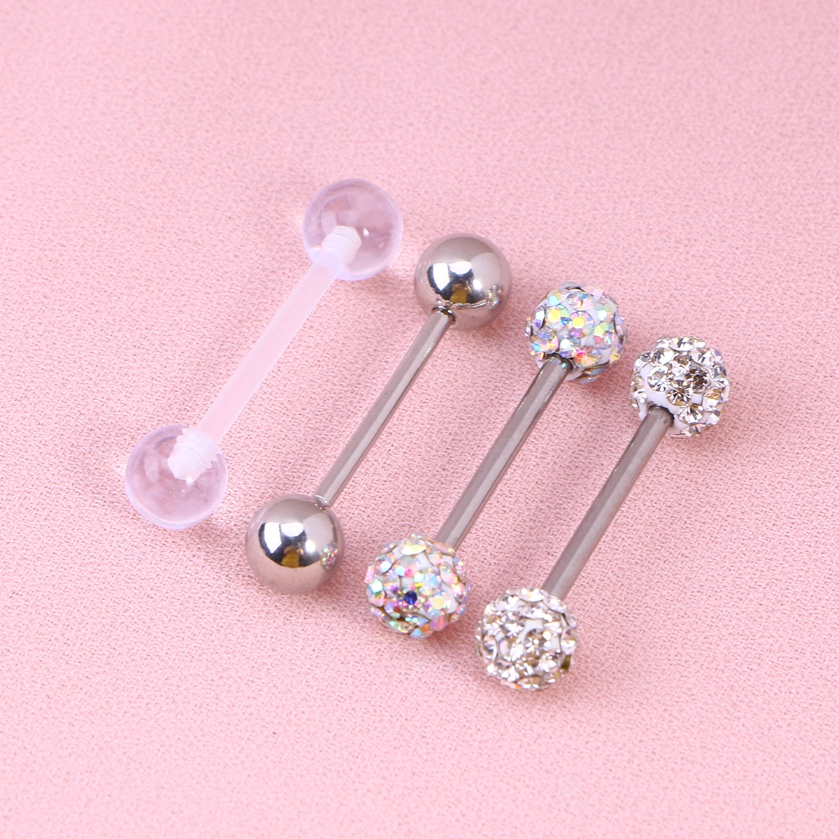 4 Pairs 16MM Human Body Piercing Jewelry Tongue Rings Stainless Steel Barbell Rings Cubic Zirconia Rings Body Piercing Jewelry (Silver)