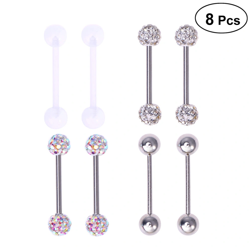 4 Pairs 16MM Human Body Piercing Jewelry Tongue Rings Stainless Steel Barbell Rings Cubic Zirconia Rings Body Piercing Jewelry (Silver)