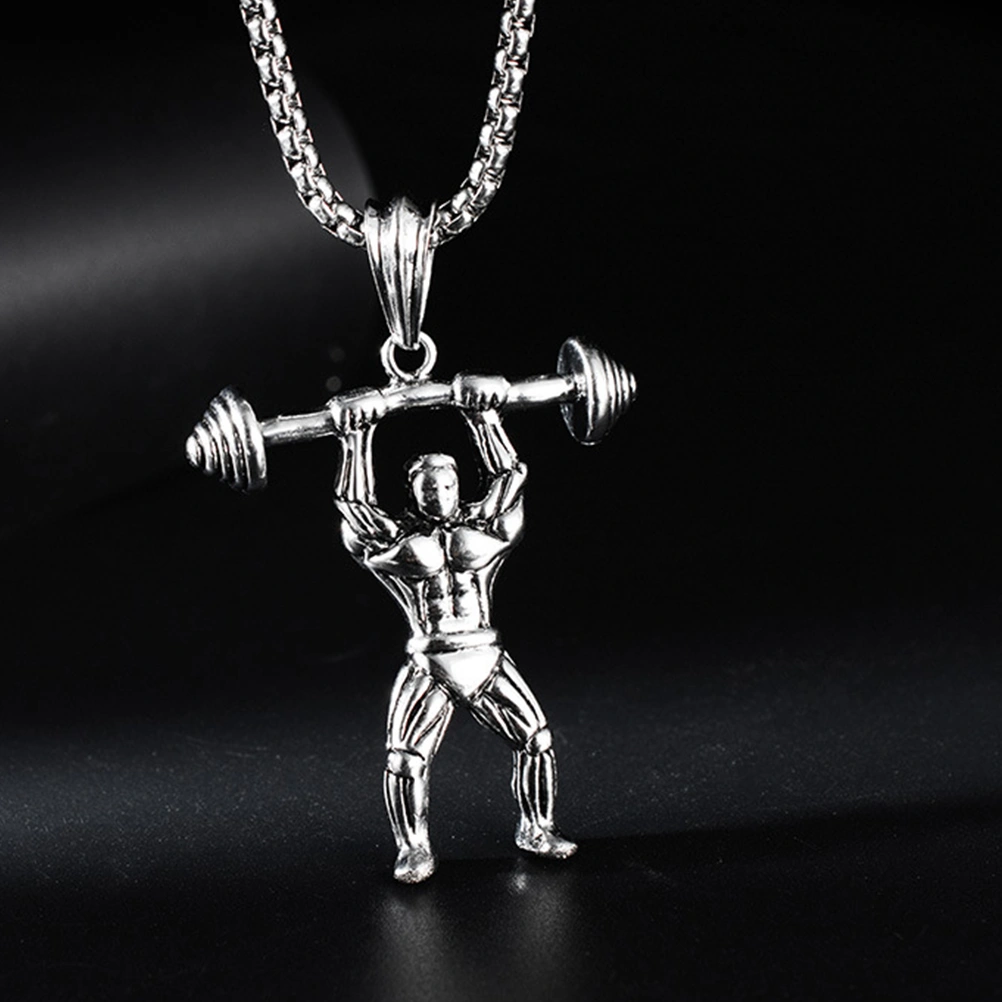 Style Bodybuilder Charm Neck Chain Titanium Steel Muscle Men with Barbell Pendant Necklace for Men