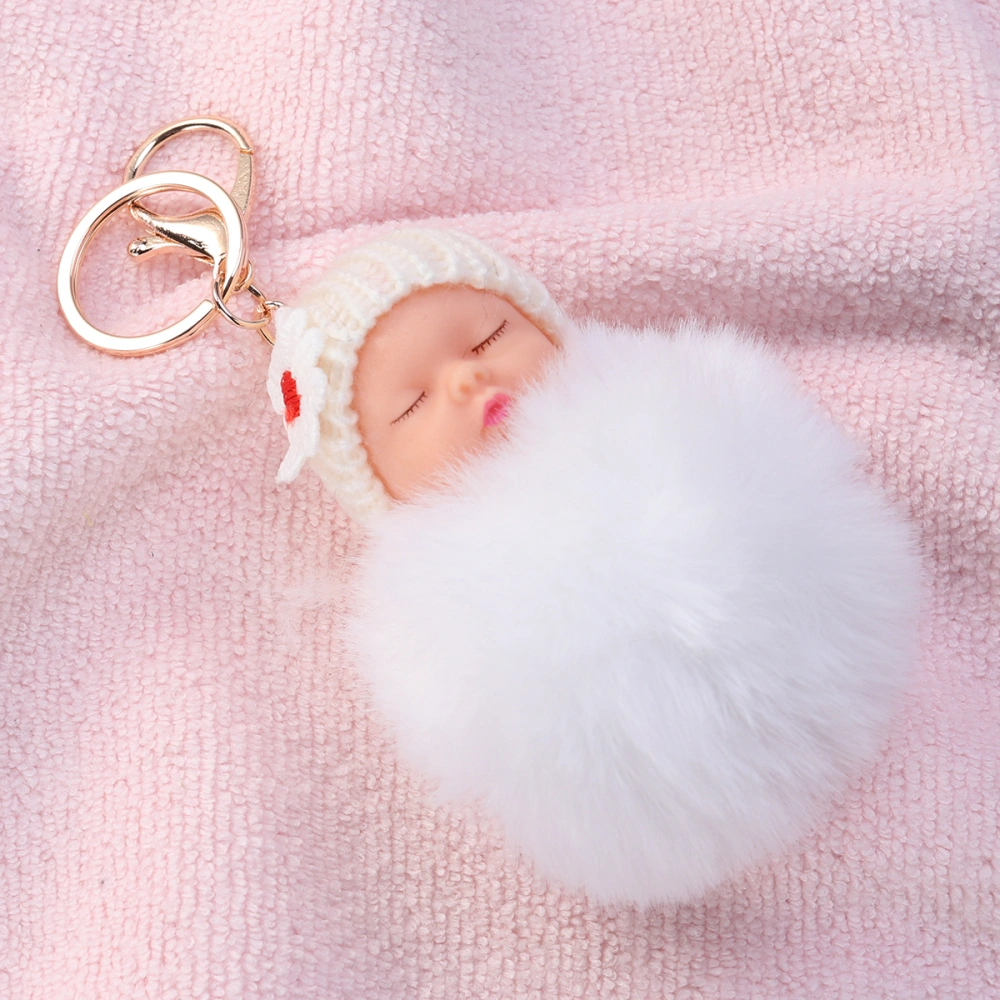 Sleeping Baby Doll Keychain Pom Pom Fluffy Keyring Hanging Pendant Gift (White)