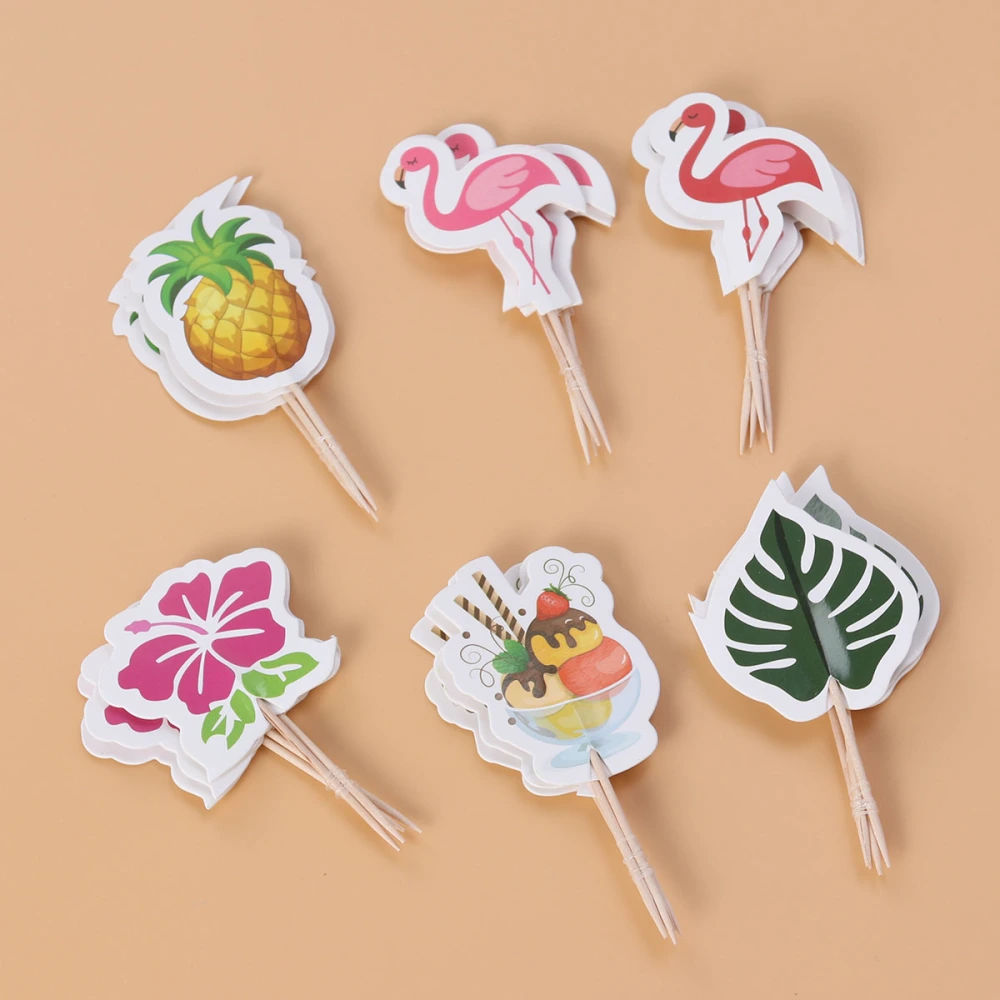 48 Pcs Cupcake Toppers Summer Flamingo Pineapple Birthday Party Cake Picks Food Decoration Supplies for Hawaiian Luau