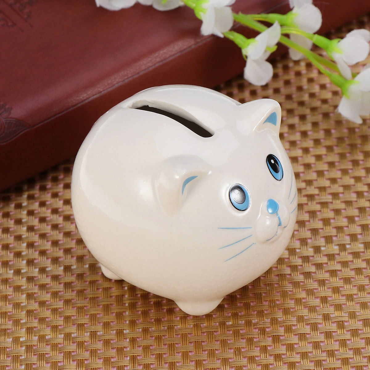 Ceramic Piggy Bank Cat Safe Money Coins Banknotes Saving Box for Kids Boys Girls (Blue)