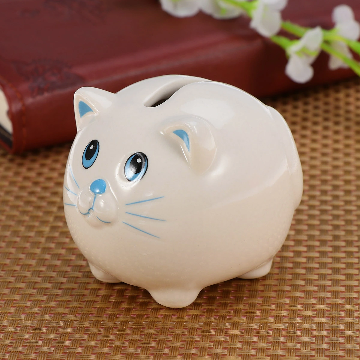 Ceramic Piggy Bank Cat Safe Money Coins Banknotes Saving Box for Kids Boys Girls (Blue)
