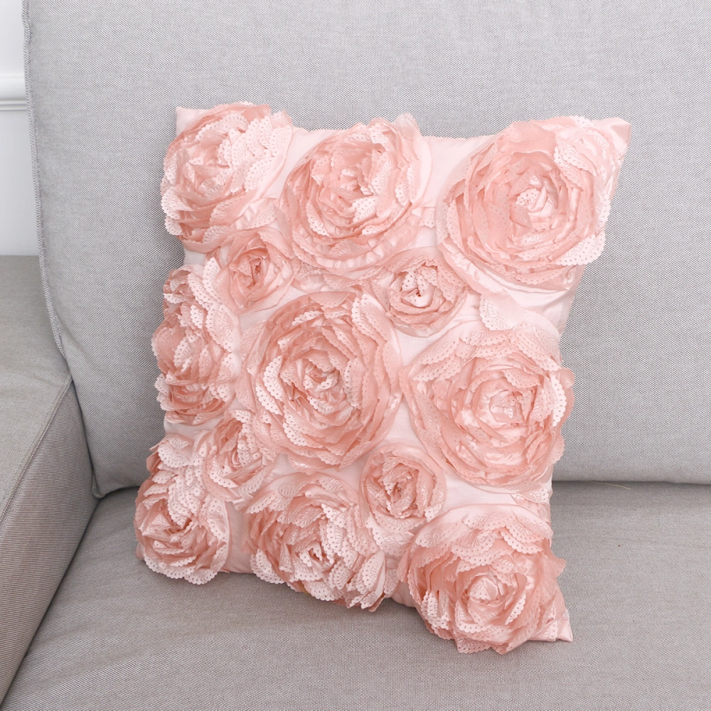 42X42CM 3D Rose Flower Square Throw Pillow Cushion Case Cover Sofa Home Room Car Seat Decor (Pink)