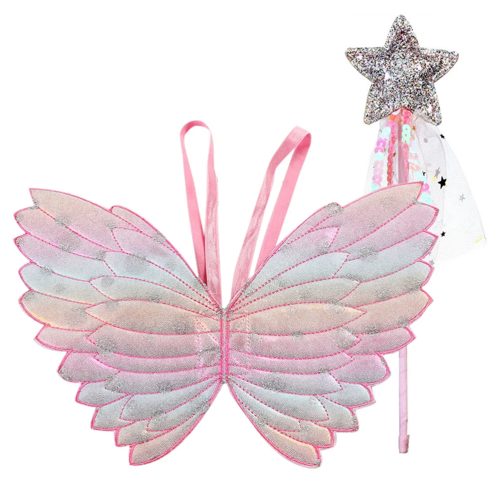 2pcs Gradient Colorful Angel Wings Fairy Stick Cosplay Performance Costume for Kids Children (Angel Wing + Fairy Stick)