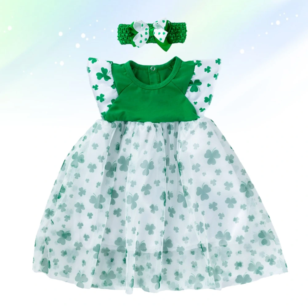 St. Patricks Day Girls Dresses and Headband Gauze Skirt Clover Printed Dresses Fashion Party Costume (Fit for 6-12 Months)