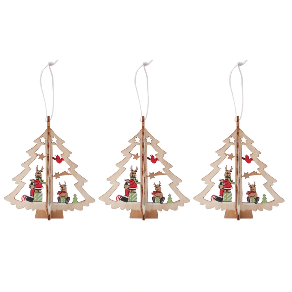 3Pcs 3D Christmas Ornaments Hollow out Xmas Tree Shaped Wooden Hanging Pendant Home Party Decor