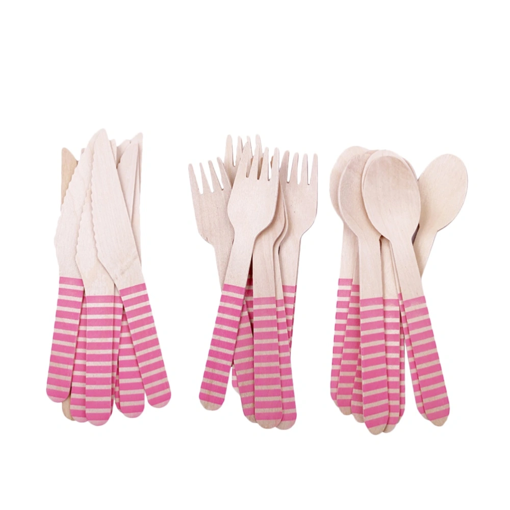 1 Set of 48PCS Disposable Cutter Fork Spoon Set Disposable Birthday Wooden Tableware Kit Eco-friendly Wood Fork Cutter Spoon Kit Birthday Party Wooden Flatware Kit for Birthday Party Picnic Pink