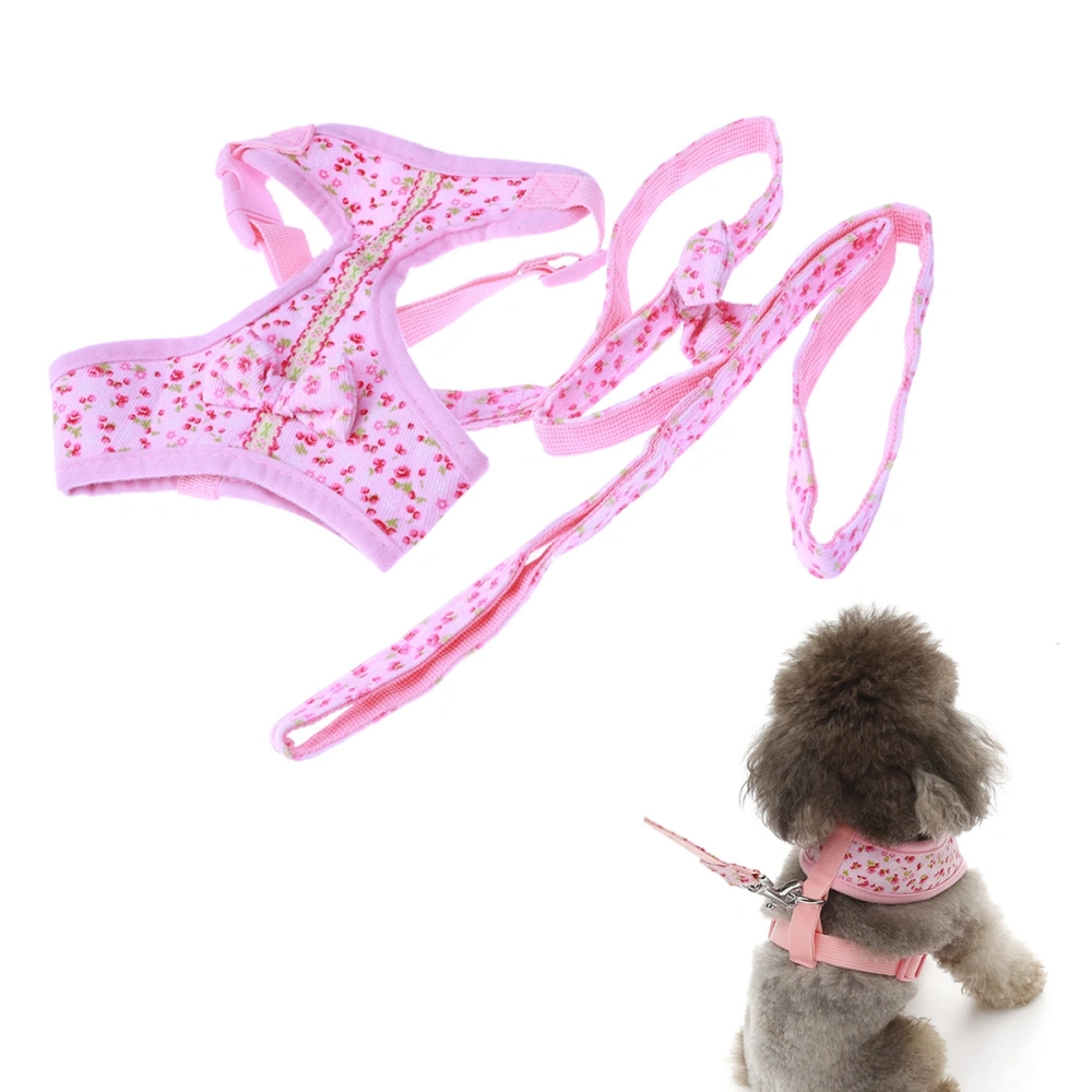 Korean Style Dog Harness with Flower Pattern Puppy Collar Leash Set Chest Strap for Small Sized Pet Dogs Cats Poodle Teddy Leads - Size S (Pink)