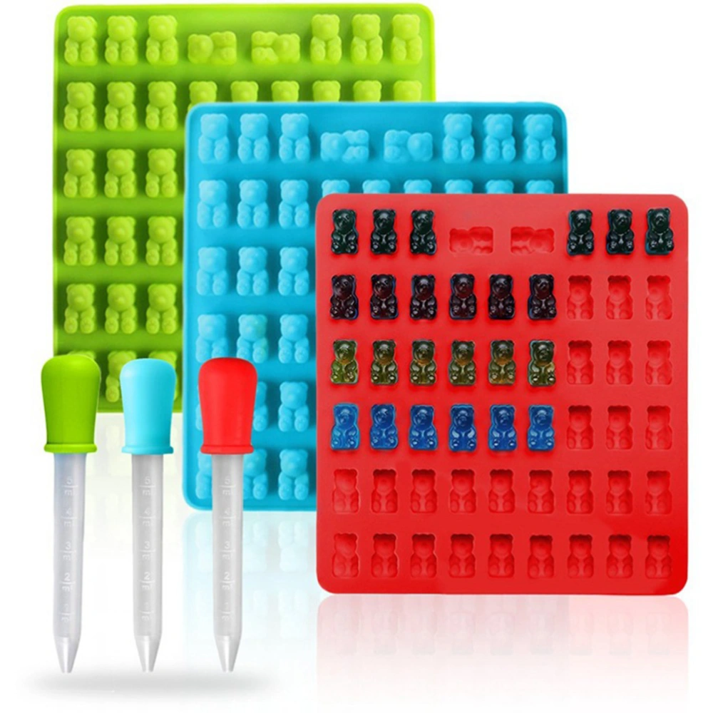 4 Sets 53 Cavities Bear Silicone Chocolate Mold DIY Gummy Mould with Dropper Candy Tray for Jelly Cookie Ice Cube (Blue+Red+Green+Orange)