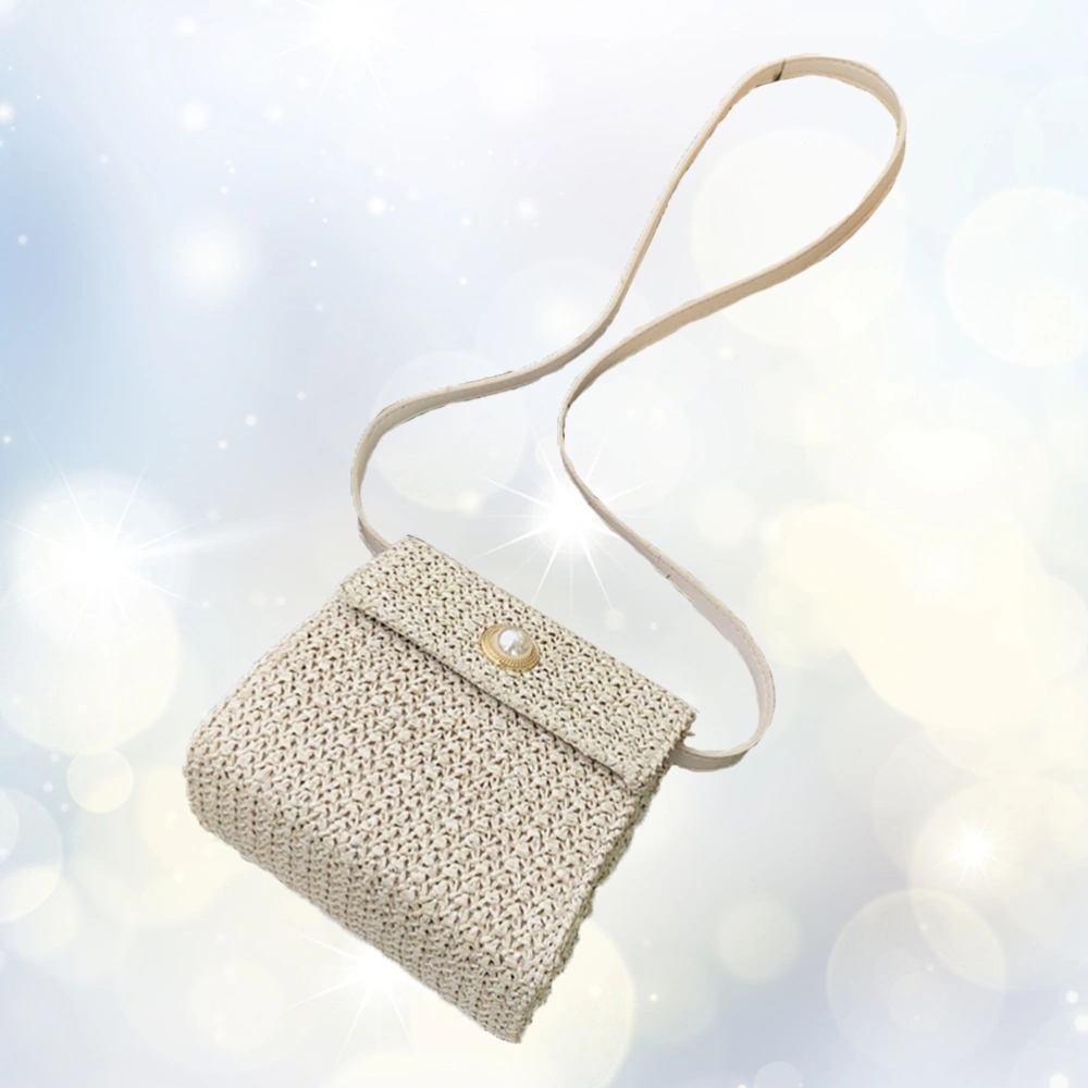 Summer Straw Woven Bag Fashion Shoulder Bag Pearl Decor Crossbody Bag Square Storage Bag (White)