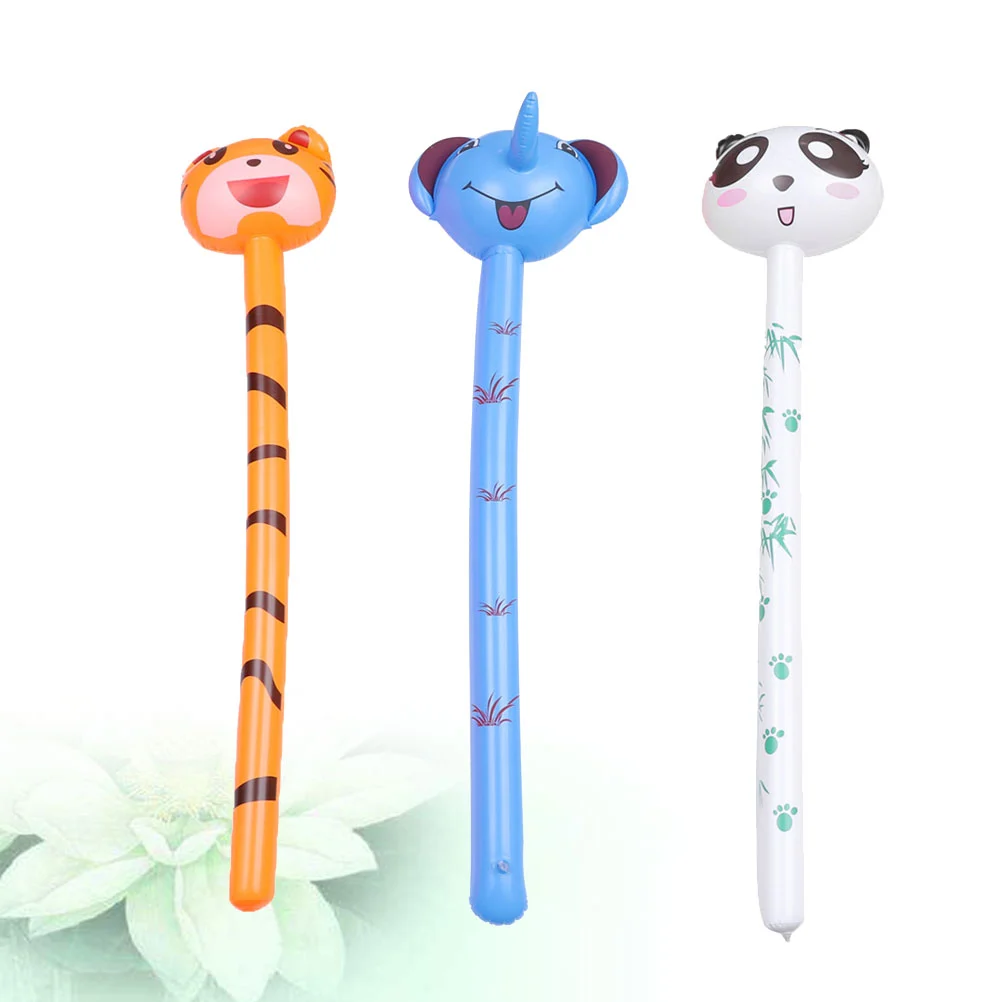3pcs Kids PVC Inflatable Animal Toy Funny Inflatable Toy Playing Long Stick Toy Educational Toy (1pc Tiger, 1pc Panda, 1pc Elephant)