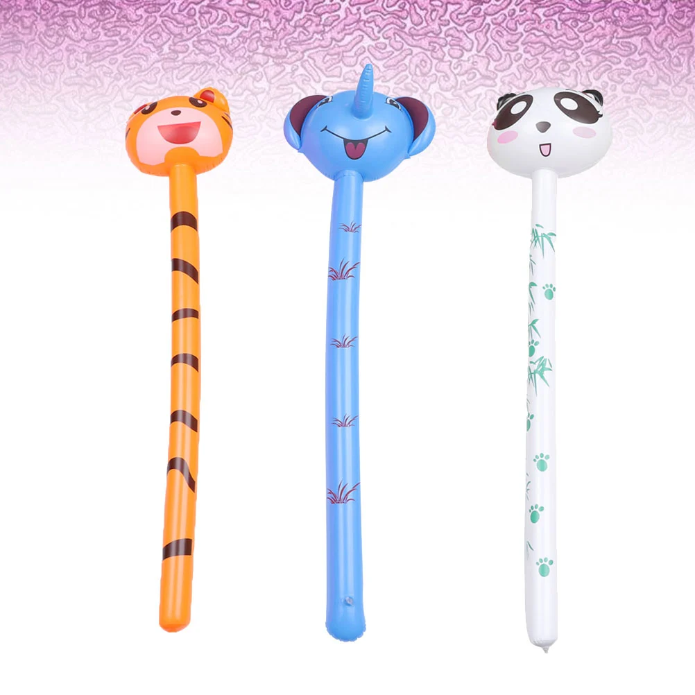 3pcs Kids PVC Inflatable Animal Toy Funny Inflatable Toy Playing Long Stick Toy Educational Toy (1pc Tiger, 1pc Panda, 1pc Elephant)