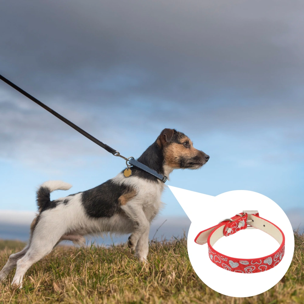 Adjustable PU Dog Collar Glitter Heart Traction Rope Pet Supplies for Dog Puppy (Red, Size L)