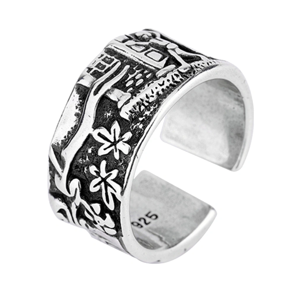 1pc Retro Ethnic Finger Ring Flower Pattern Opening Ring Lady Jewelry (Silver)