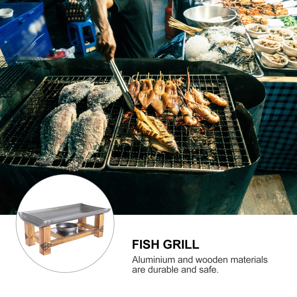 Home Grill Multifunctional Non-Stick Barbecue Plate Japanese-Style Square Fish Roast Grill Portable Alcohol Grill Bamboo Joint Rack (Small Size, 30cm, Without Alcohol)