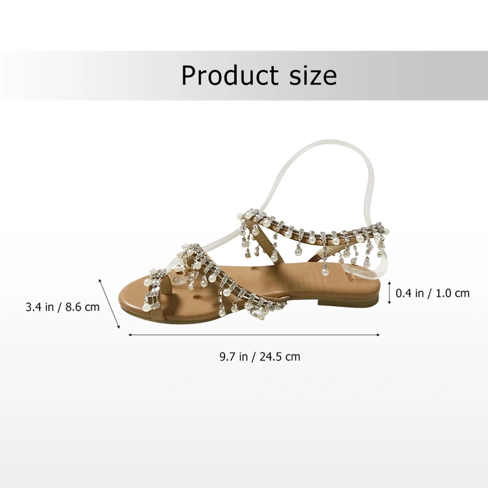 1 Pair of Flat Sandals Pearl Beaded Foot Ring Roman Sandals Summer Shoes for Women Lady - Size 39 EU38.5 US7.5 UK5