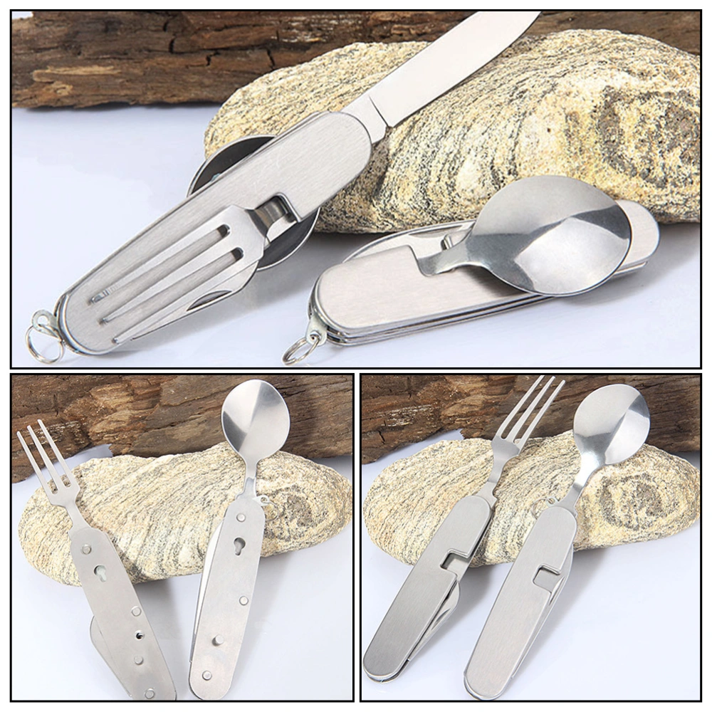 2pcs Camping Stainless Steel Tableware Travel Folding Spoon Fork Knives Opener