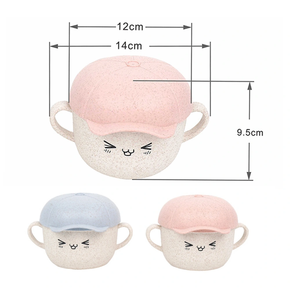 Creative Wheat Straw Kids Rice Bowl Cartoon Bowls with Lid Baby Feeding Tableware (Pink)