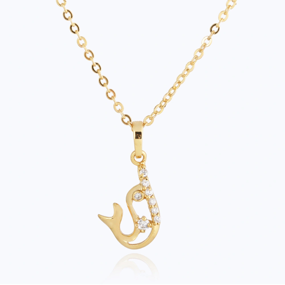 Women Necklace Stylish Micro-inlay Hollow out Dolphin Shape Temperament Dazzling Zircon Chain Pendant Necklace (Golden)