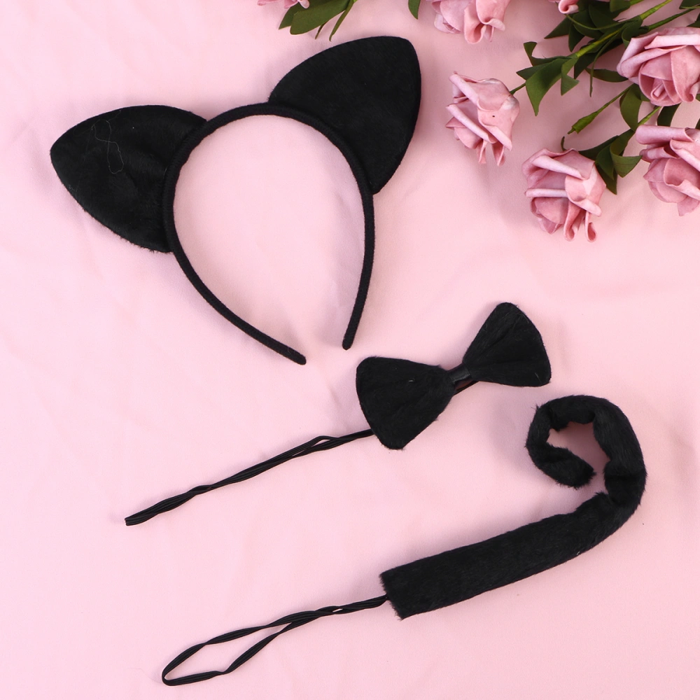 3Pcs Kids Cat Ears Headband Bow Ties Tail Set Party Cosplay Costume (Black)