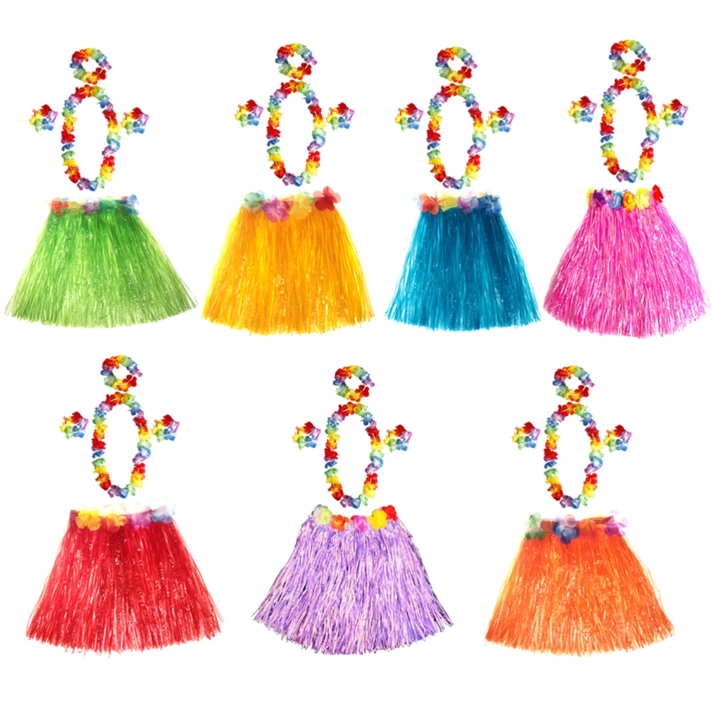 7 Sets Hawaii Tropical Hula Grass Dance Skirt Flower Bracelets Headband Necklace Set 40cm (Mix Style)